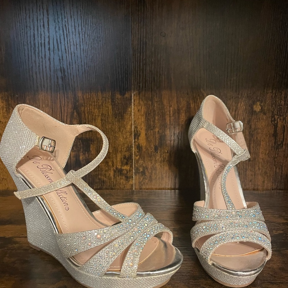 De Blossom Collection Sparkling Champagne Wedge Sandals with Rhinestones